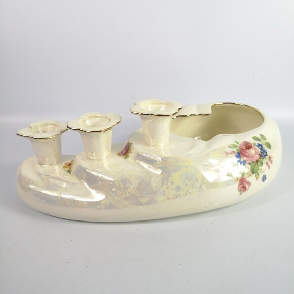 VTG 1950s Candle Holder Planter Iridescent Roses Ivory Unique Handmade Signed - Picture 13 of 15